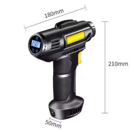 Black digital tire inflator with yellow screen; dimensions 180mm x 210mm x 50mm