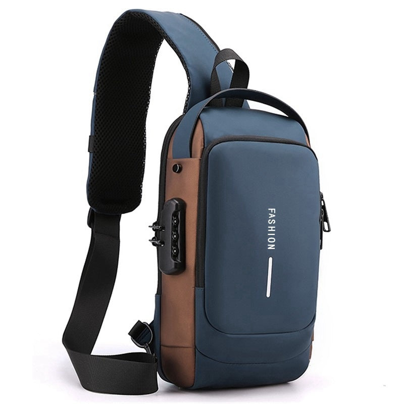 Anti-theft chest bag with adjustable shoulder strap, dark blue body and brown panel