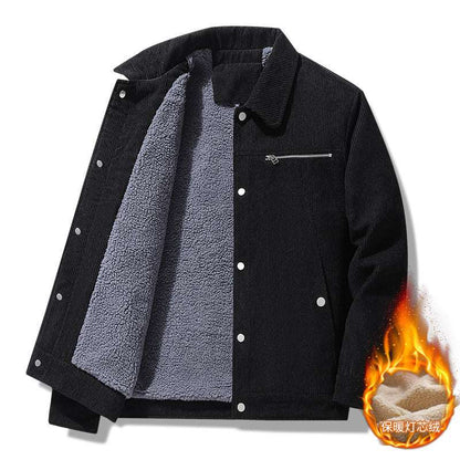 Black corduroy winter jacket with sherpa lining, wide collar, button front, chest zipper pocket
