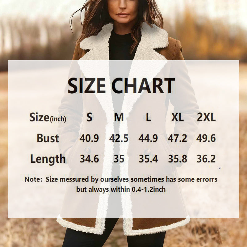 Woman wearing a coat with a size chart overlay