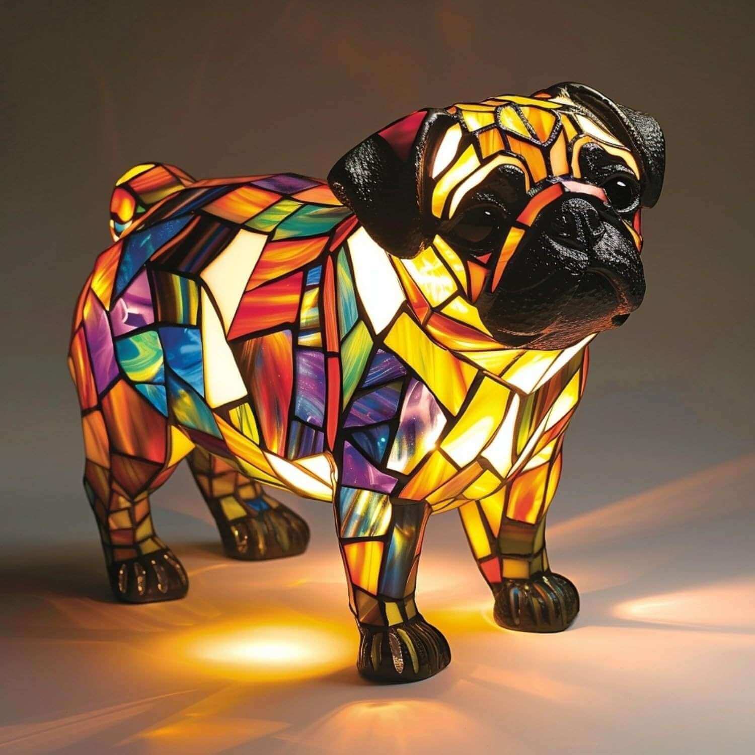 Colorful dog-shaped lamp with black and multicolor mosaic finish, standing dog facing right