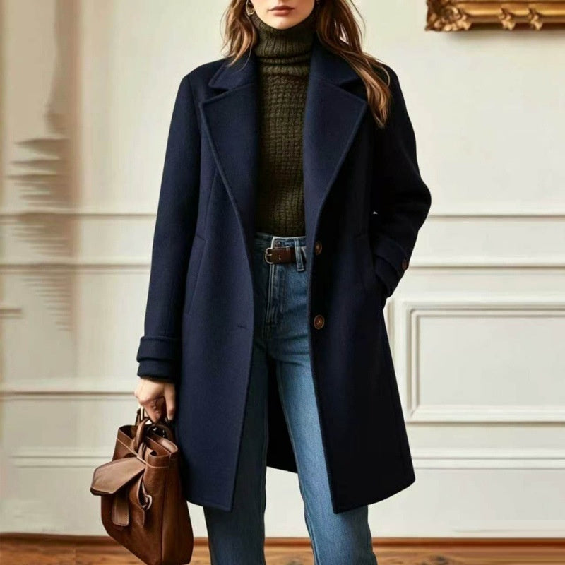 Dark navy mid-length lapel coat with notch lapels and button front, long sleeves