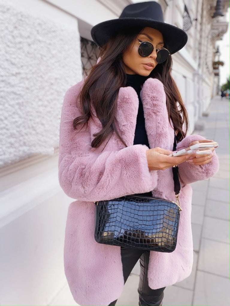 Elegant Long Sleeve Faux Fur Coat for Women Temperament Long Sleeve Lapel Faux Fur C | Ectron Online