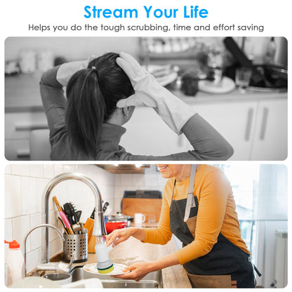 Handheld spin scrubber in use on a kitchen counter, with white scrub head