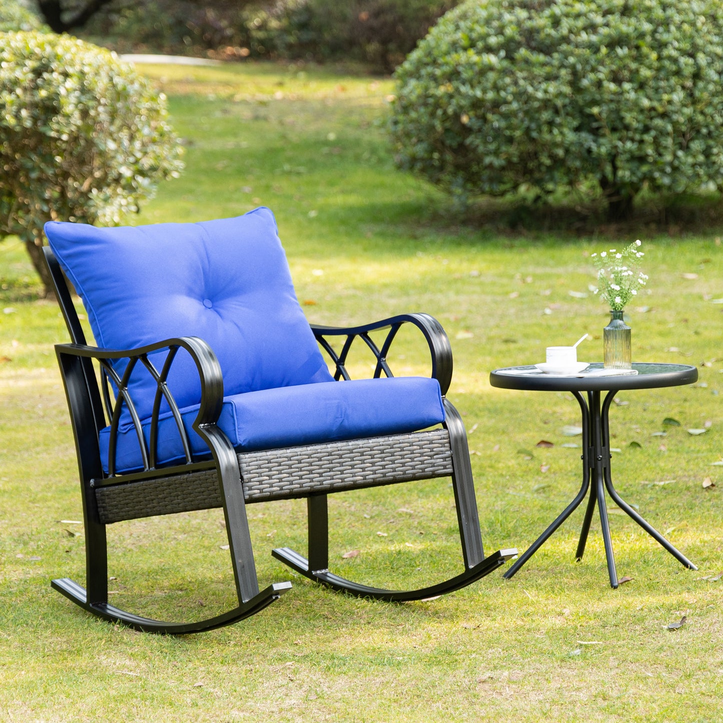 Outdoor Wicker Rocking Chair with Blue Cushions - Aluminum Rocker
