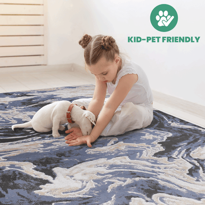 Abstract blue-gray runner rug with cream cloud pattern and textured-looking surface
