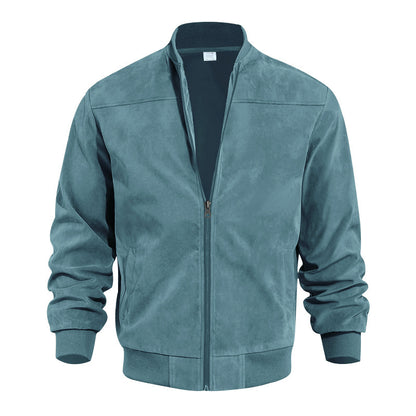 Men’s suede retro jacket in teal, front view with full-zip closure and ribbed cuffs.