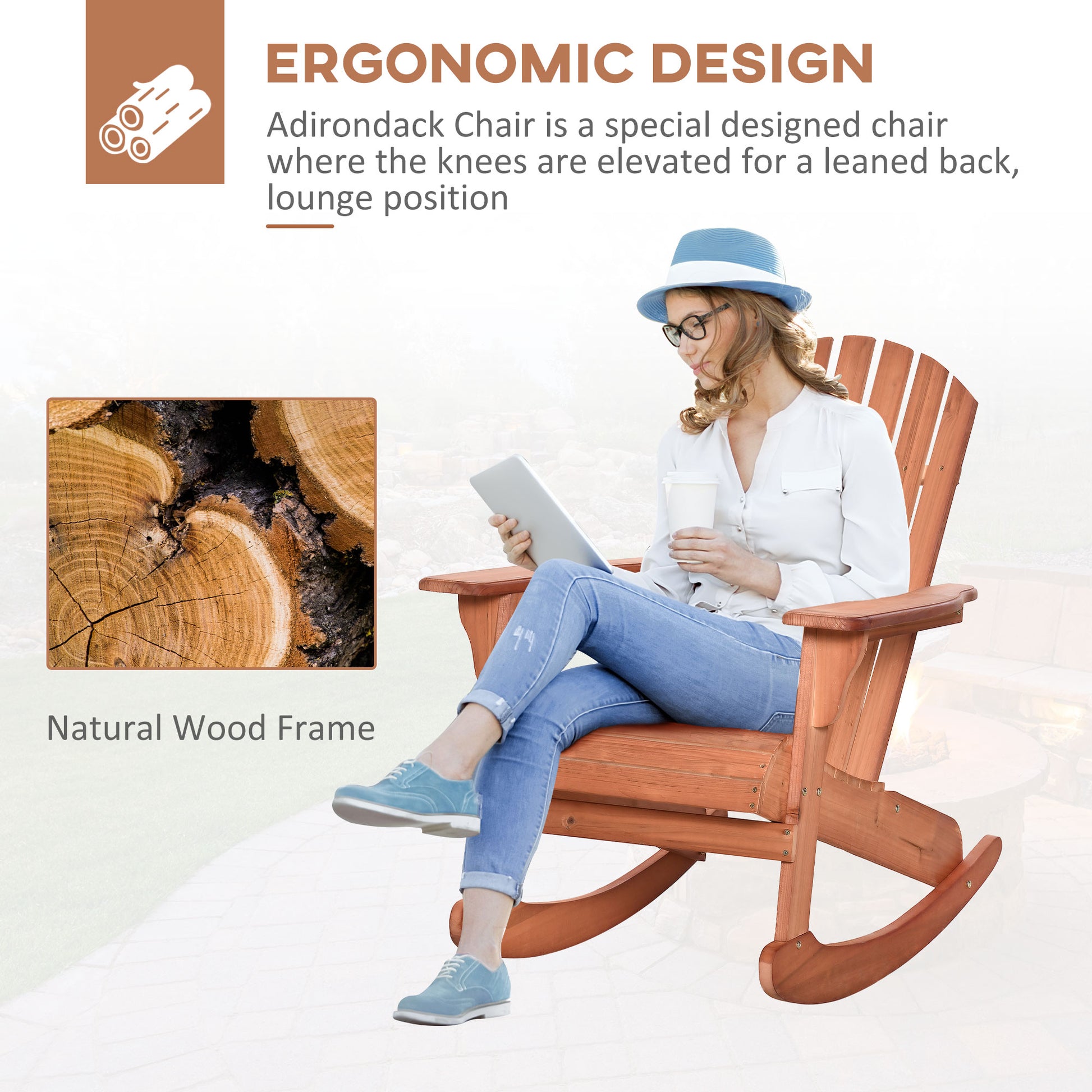 Teak wood Adirondack rocking chair with slatted back and wide seat, used for lounging.