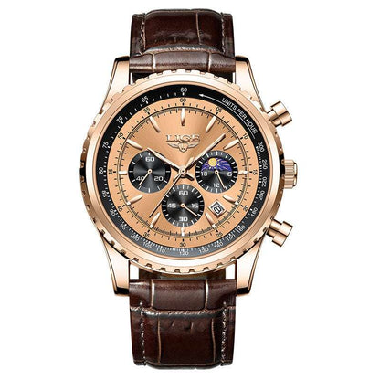 Rose-gold multifunction waterproof watch with dark dial and brown leather strap