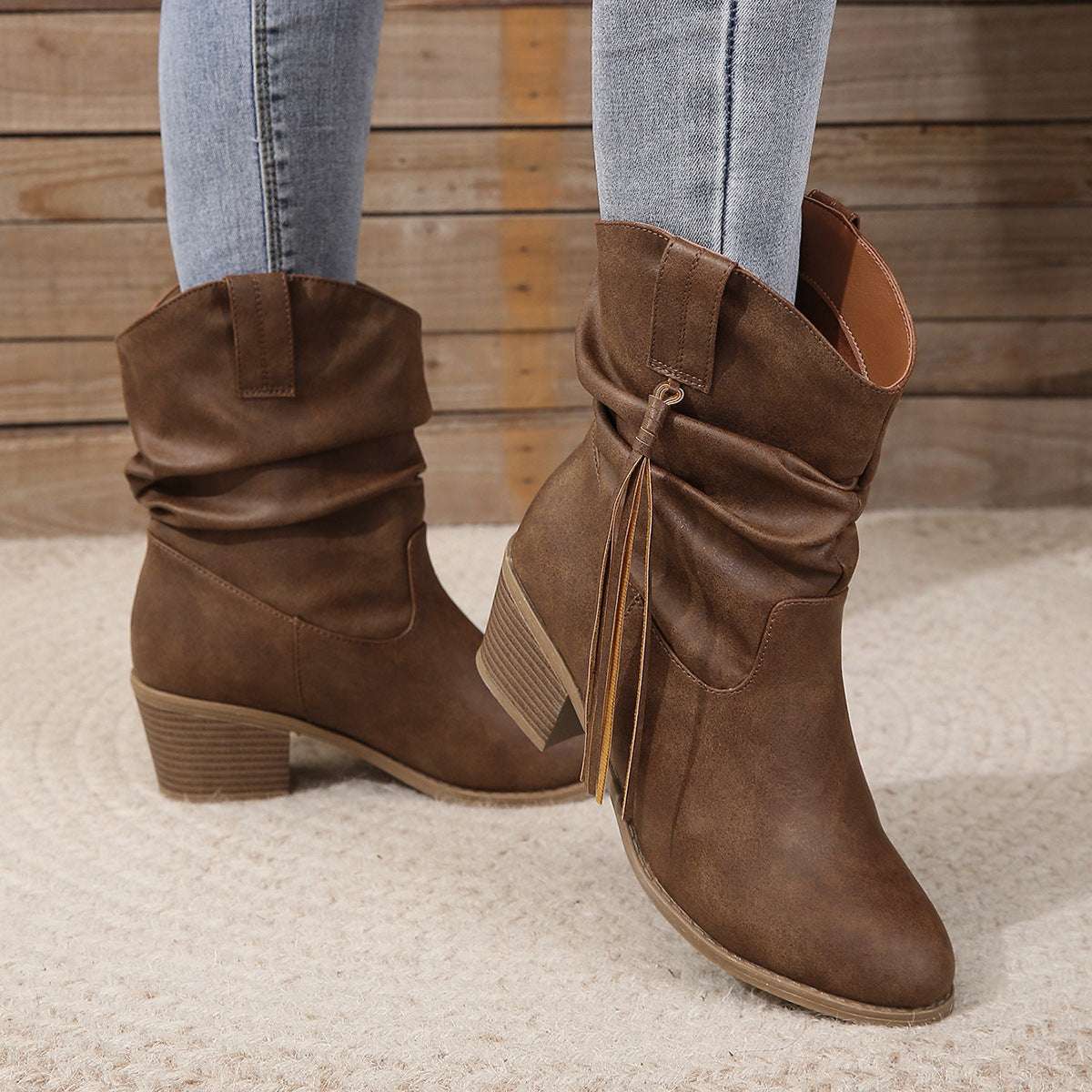 Retro Tassel Boots Winter Thick Square Heel Mid-calf Knight Retro Tassel Boots Winter Thick Square H | Ectron Online