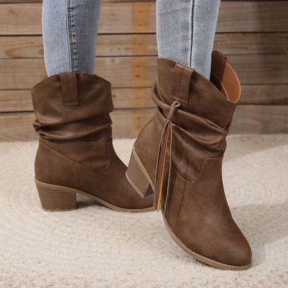 Retro Tassel Boots Winter Thick Square Heel Mid-calf Knight Retro Tassel Boots Winter Thick Square H | Ectron Online