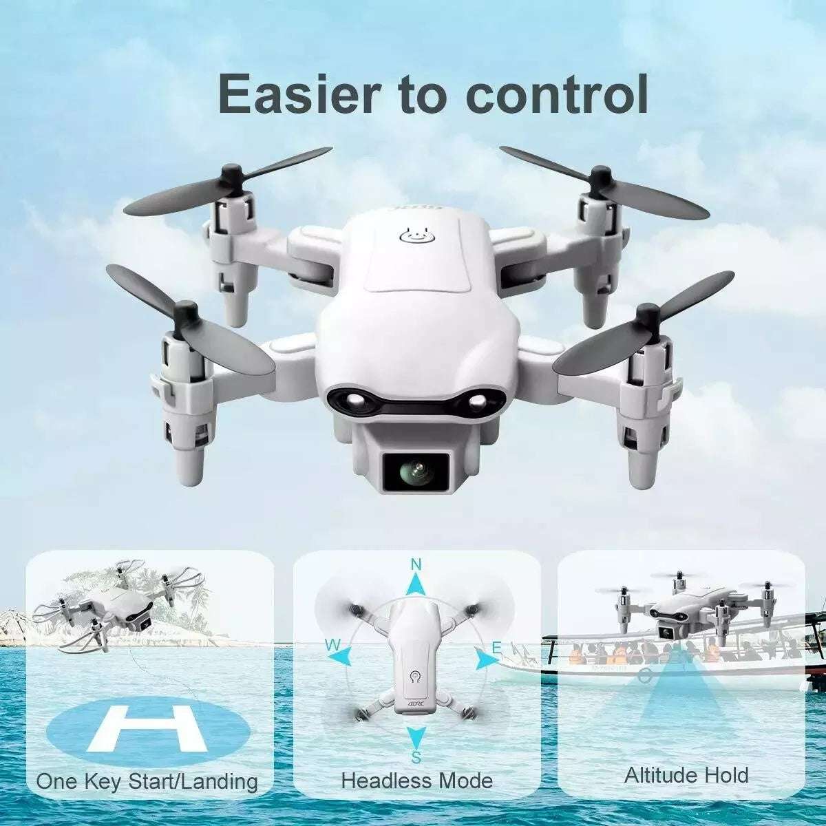 White drone with control features on a blue sky and water background