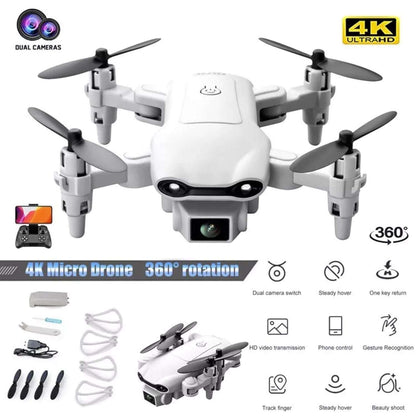4K Micro Drone with dual cameras and various features on a white background