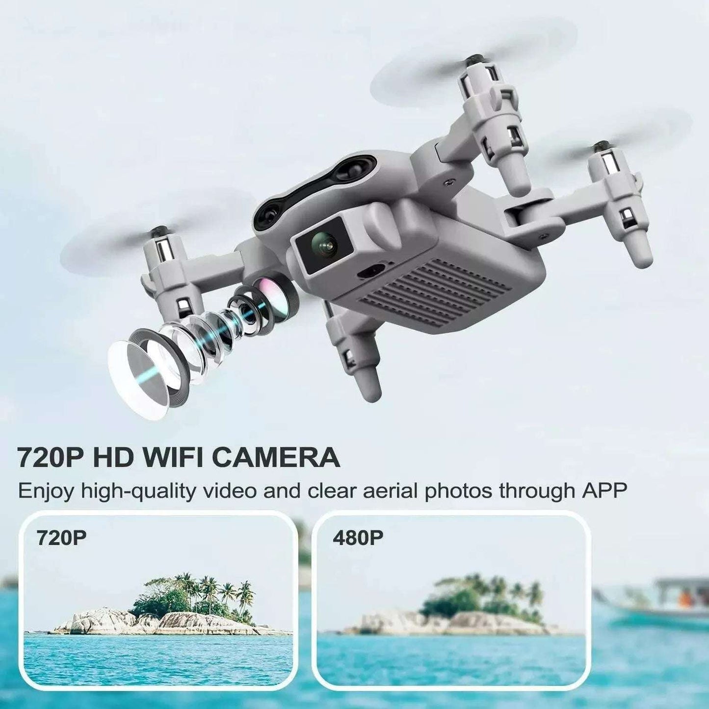 Small drone with 720P HD WiFi camera on a light blue background