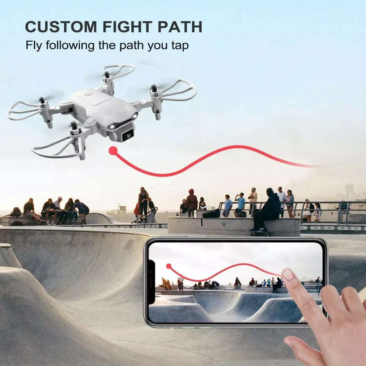 Drone flying over a skate park with a smartphone showing a tap path on the screen.