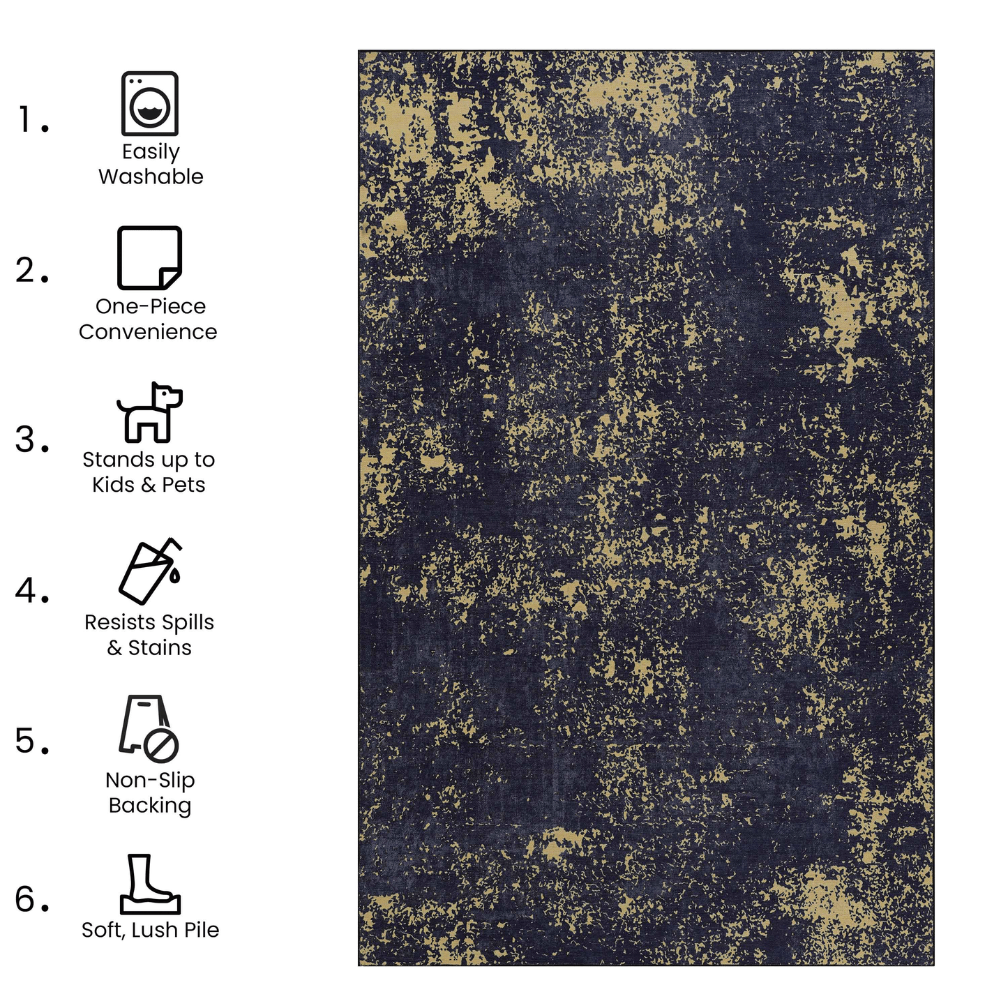 Maval Black & Gold Washable Doormat - 2x3 Small Entryway Rug