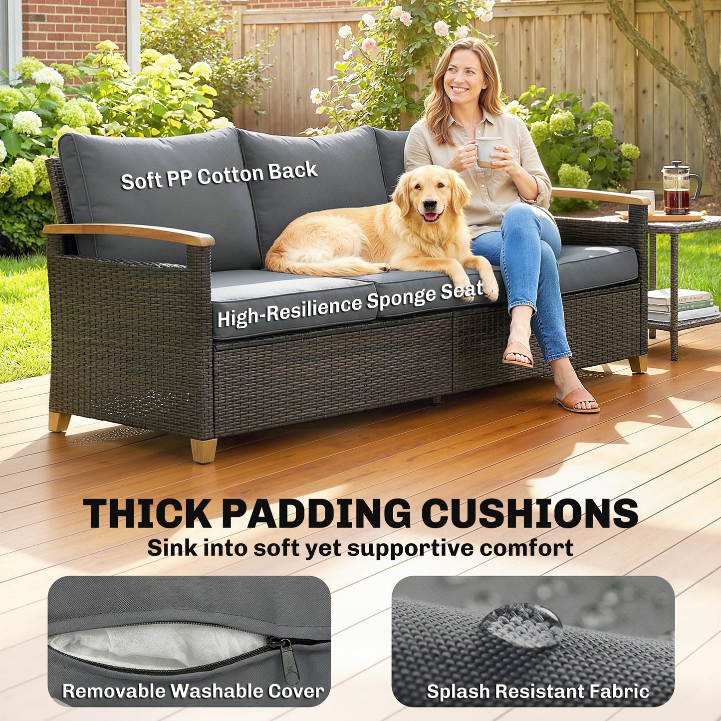 3-seater outdoor sofa with dark wicker body, gray backrest cushions, and wood armrests