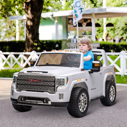 White kids ride-on truck with GMC grille, chrome wheels, and working headlights