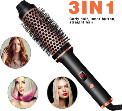 Black 3-in-1 thermal brush curling iron with rose-gold barrel and copper trim