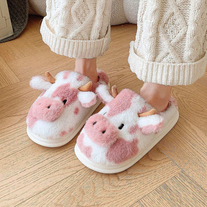 Cute Cartoon Cow Plush Slippers – Warm, Non-Slip for Couples Cute Cartoon Cow Plush Slippers Winter W | Ectron Online