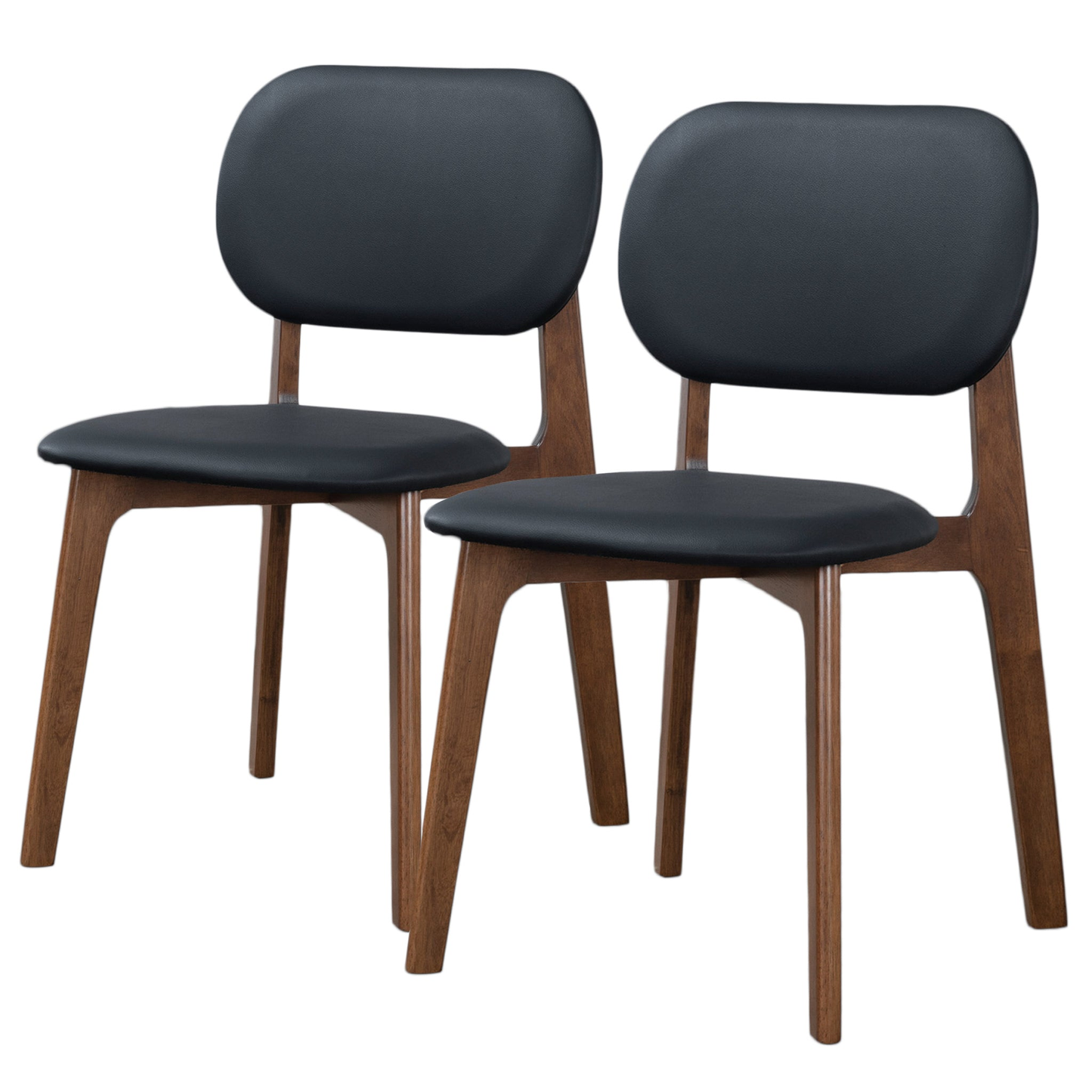 Set of 2 black leather dining side chairs, front close-up of seats and backrests