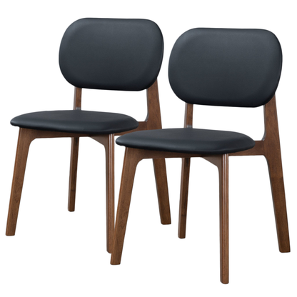 Set of 2 black leather dining side chairs, front close-up of seats and backrests