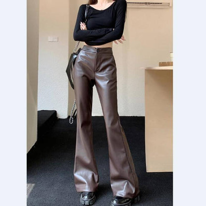 Women's Leather Bootcut Trousers | Slimming High-Waist Casual Pants Slim Fit Leather Bootcut Trousers Slimmi | Ectron Online