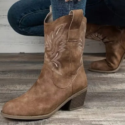 Women's Ethnic Embroidered Western Boots - Chunky Pointed Toe Fashion Chunky-heeled Pointed Toe Boots | Ectron Online