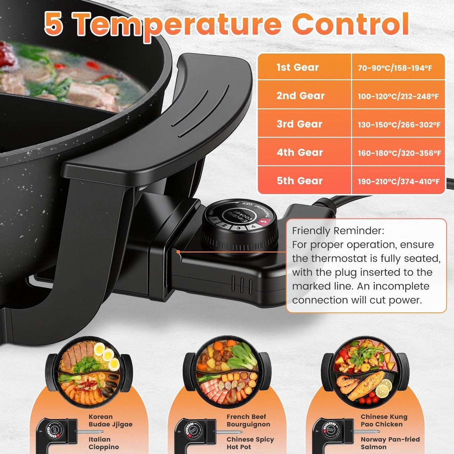 Black electric hot pot controller with temperature range dial and food cooking.