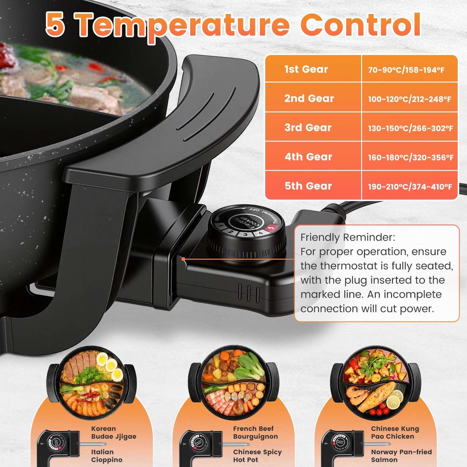 Black electric hot pot controller with temperature range dial and food cooking.