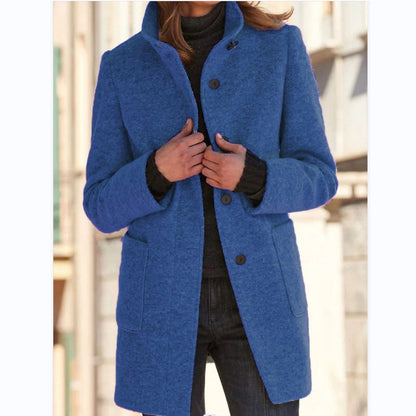 Women's Stand Collar Woolen Coat with Pockets | Casual Winter Jacket Fashion Stand Collar Woolen Coat With Po | Ectron Online
