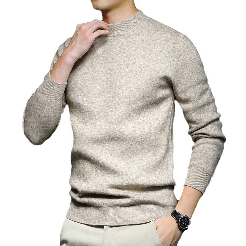 Men's worsted knit sweater, crew neck, long sleeves, light beige, front view