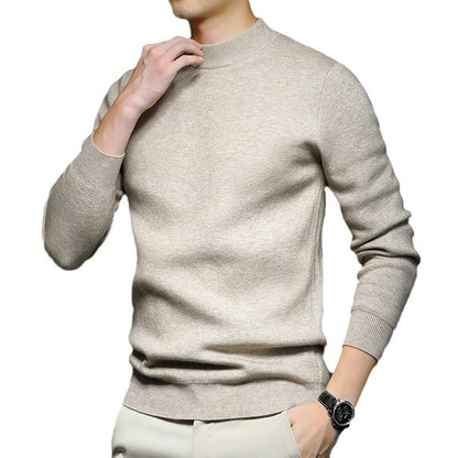 Men's worsted knit sweater, crew neck, long sleeves, light beige, front view