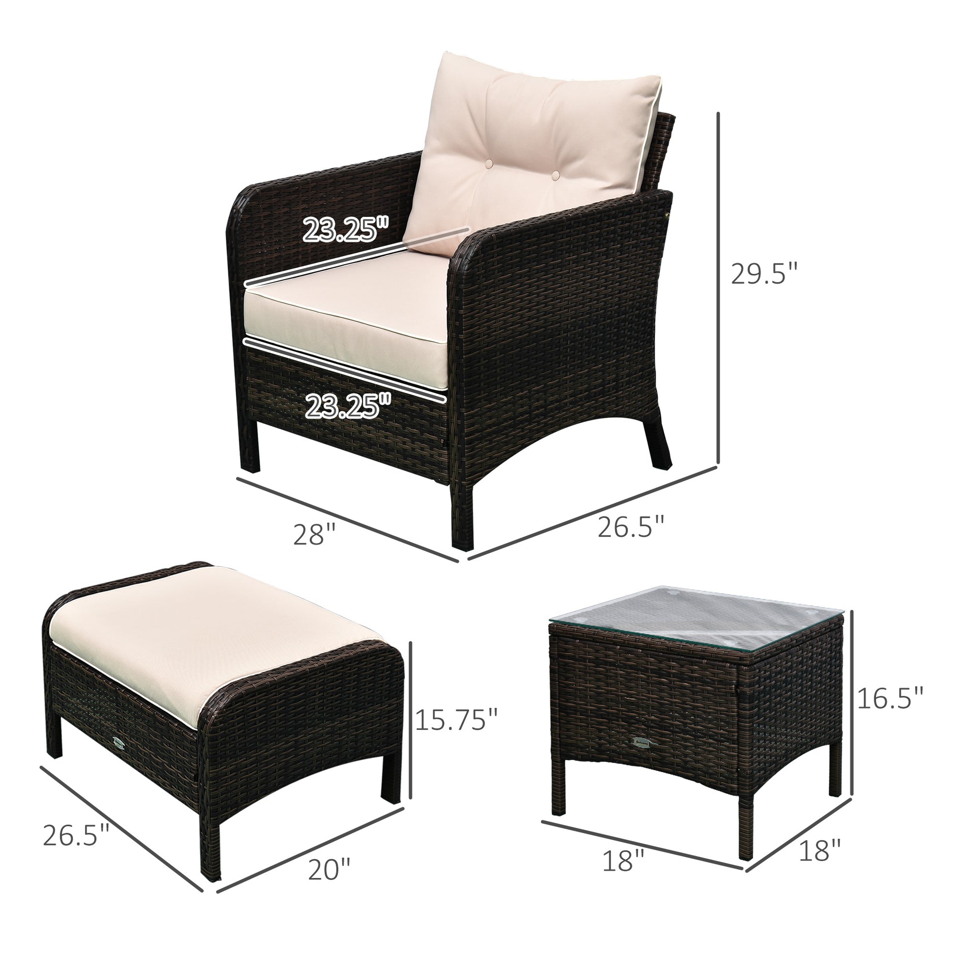 Wicker lounge chair and ottoman with beige cushions, dimension labels on diagram
