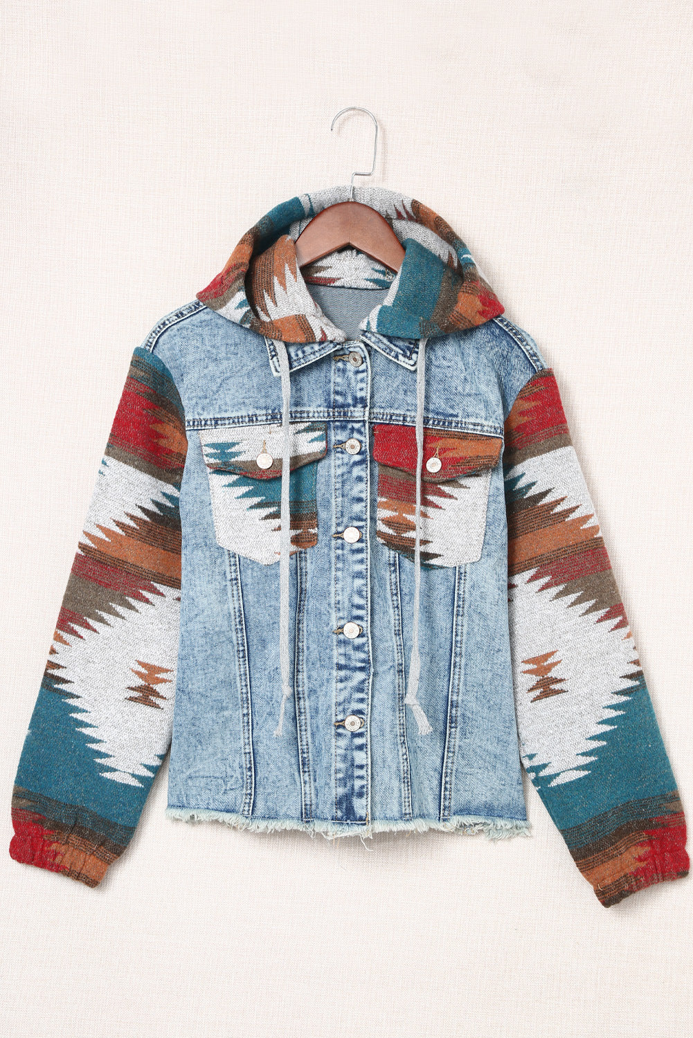 Western Style Denim Stitching Hooded Jacket Multi-color Printed Frayed Hem Jacket