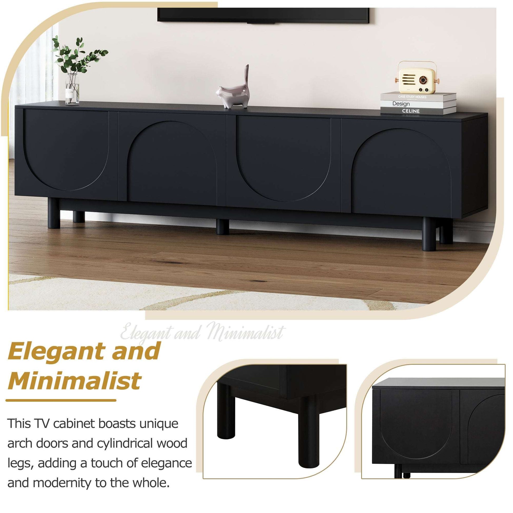 Black minimalist TV stand with four arched door panels and raised legs