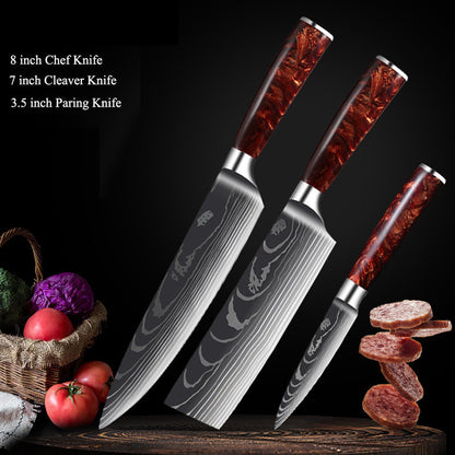 Premium Cutlery | Damascus Steel | with Red Resin Handles Kitchen Knives Set | Ectron Online