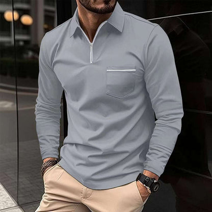 Long-sleeve sports polo shirt, light gray quarter-zip with chest pocket
