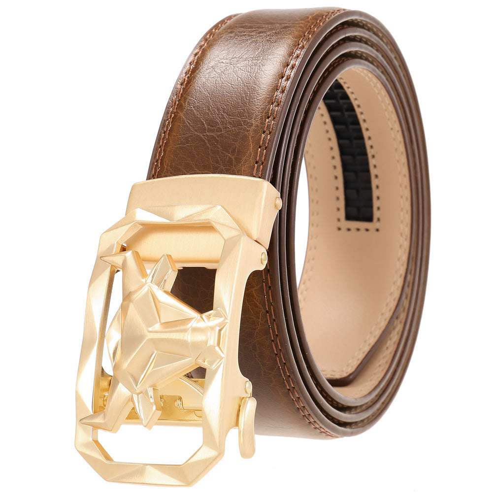 Fashion Men's Leather Belt Alloy Automatic Buckle with a sleek gold buckle and premium brown leather.