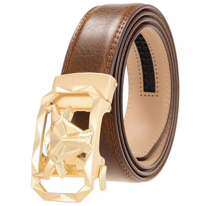 Fashion Men's Leather Belt Alloy Automatic Buckle with a sleek gold buckle and premium brown leather.