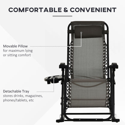Gray rocking chair with detachable tray and padded head pillow