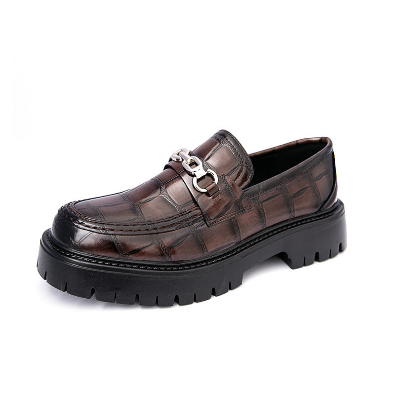 Men's dark brown platform loafers with metal buckle strap and lug sole