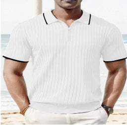 Striped Stand Collar Shirt – Casual Solid Colour Short Sleeve Top Striped Casual Stand Collar Shirt Solid | Ectron Online