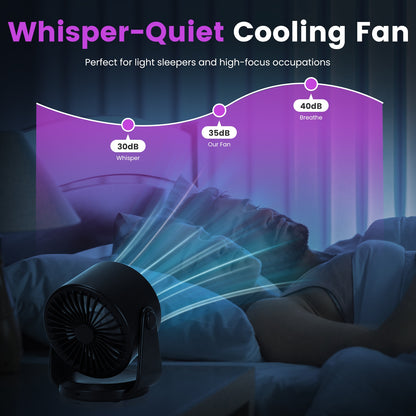 Whisper-quiet cooling fan with purple LED ring and black housing, front-left view