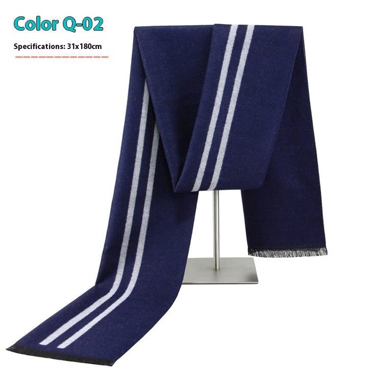 Navy blue scarf with white stripes on a stand against a white background