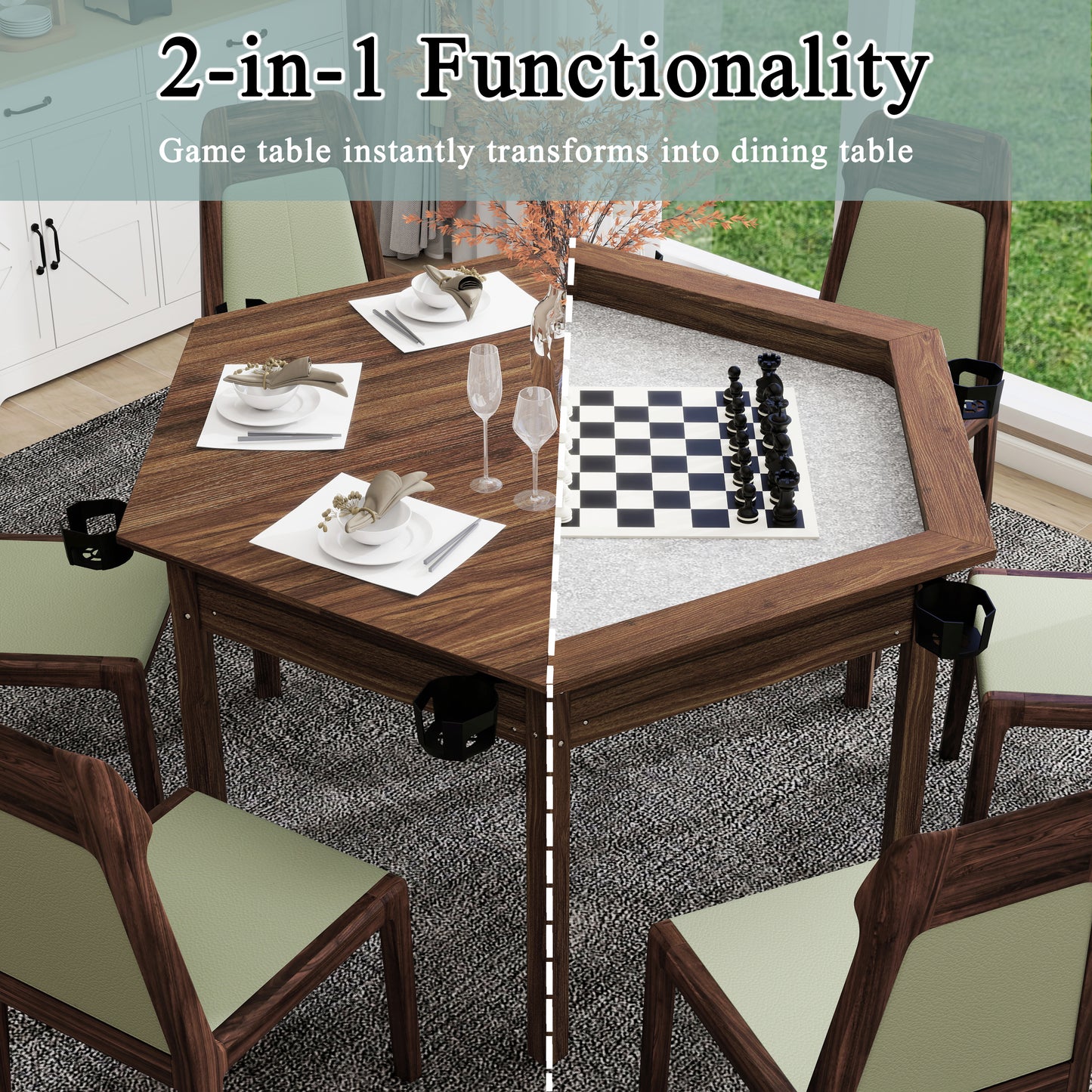 Hexagon Board Game & Dining Table - 6 Player Rustic Brown Wood
