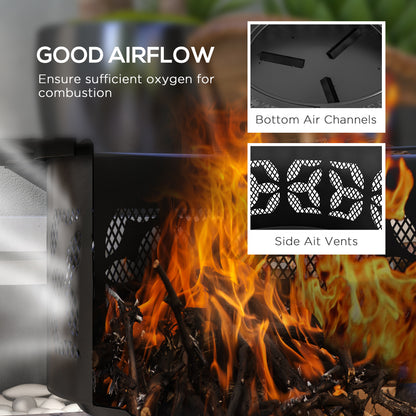 Black fire pit with side air vents and perforated bowl letting flames burn