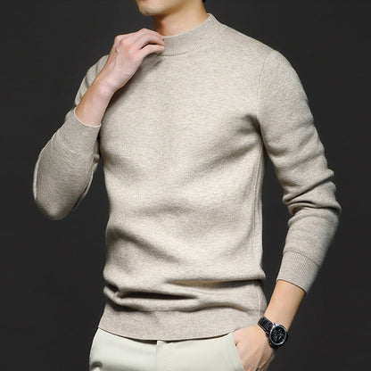 Men's worsted knit sweater, crew neck, long sleeves, light beige