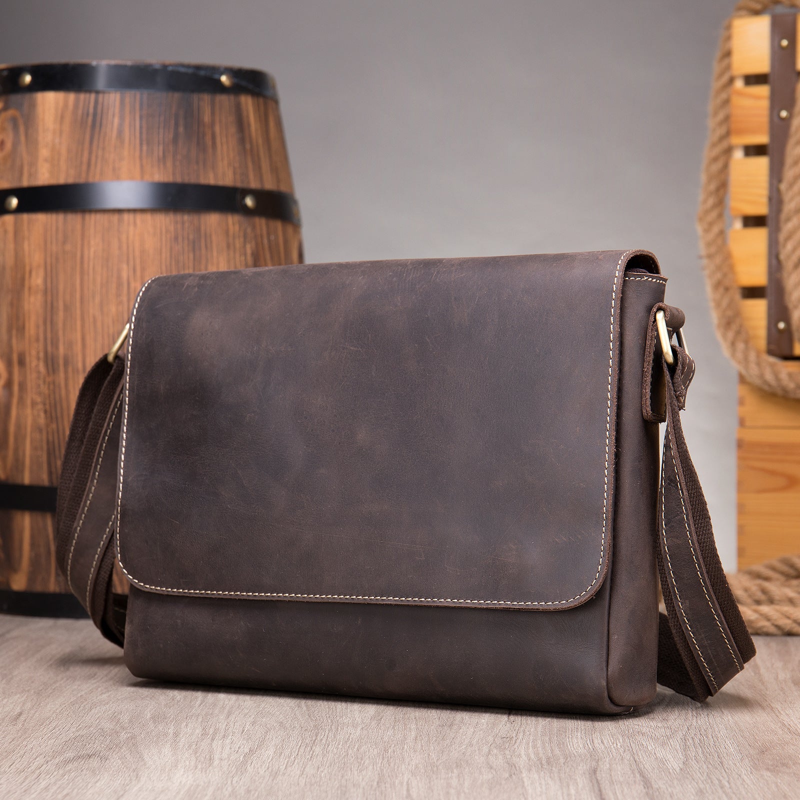 Men's retro shoulder bag, charcoal gray leather with front flap and leather strap