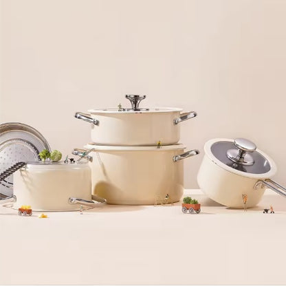 9 Pcs Stainless Steel Ceramic Coated Cookware Set with Lids & Steamer 9pcs Stainless Steel Ceramic Coated Pot | Ectron Online